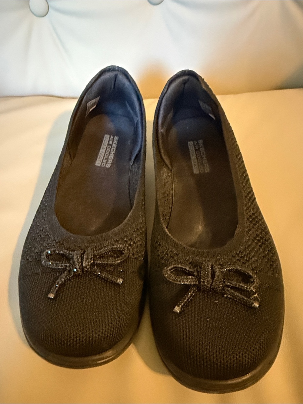 Skechers Black Knit Slip-On Ballet Flats with Decorative Bow